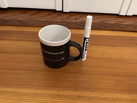 Photo of free pronoun mug (with chalk pen) (Brookline) #1