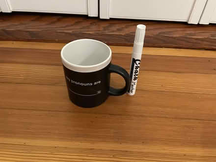 Photo of free pronoun mug (with chalk pen) (Brookline) #1