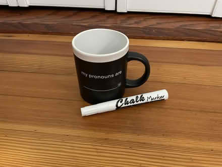 Photo of free pronoun mug (with chalk pen) (Brookline) #2