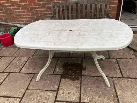 Photo of free old plastic garden table & chairs (Bordon GU35) #1