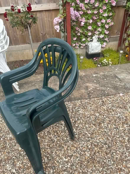 Photo of free Plastic garden stacking chairs 4 white 2 green (Bridlington YO16) #2