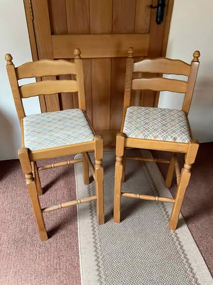 Photo of free Two bar stools / high backed kitchen chairs. (Drugger's End WR13) #1