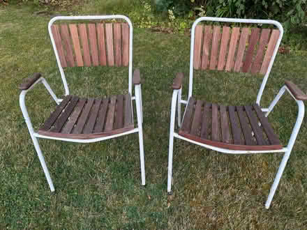 Photo of free 2 outdoor wood and metal chairs (Knotty Green HP9) #1