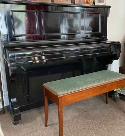 Photo of free Piano & double stool with green moquette top (no fire label) (Heaton) #1