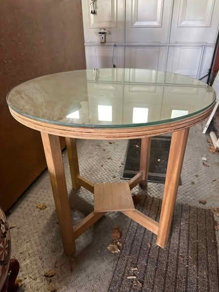 Photo of free Sturdy wooden table with glass top (Knotty Green HP9) #1
