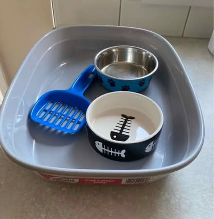 Photo of free Cat litter tray, scoop and two food bowls (Reddish SK4) #1