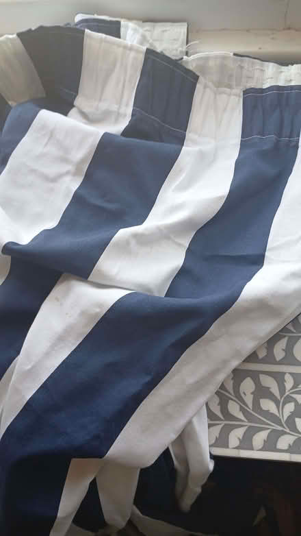 Photo of free Pair of unused, unlined blue and white cotton curtains (Earlsfield SW18) #1