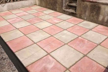 Photo of pink & buff colour paving slabs (Hinckley LE10) #1