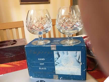 Photo of free 2 hand cut brandy glasses in box (Timperley WA15) #1