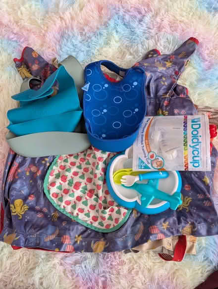 Photo of free Assortment of baby bibs a plate and cutlery (Northwood HA6) #1