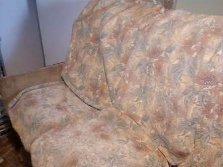 Photo of free 3 seater, pastel/floral embroidered covers + dark wood frame (Gilmerton EH17) #1