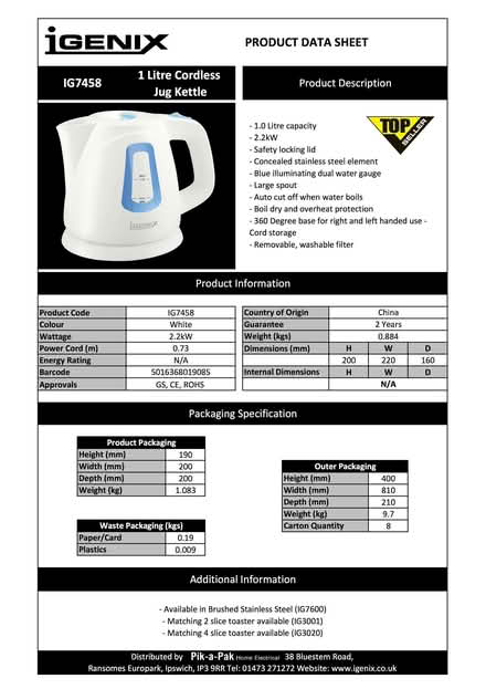 Photo of free Kettle Electric Igenix IG7458 (Addlestone KT15) #2