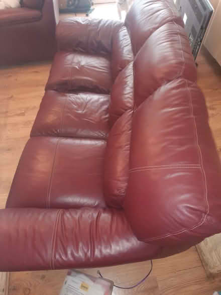 Photo of free 3 seater leather sofa, burgundy. Bartley Green. (Bartley Green B32) #1