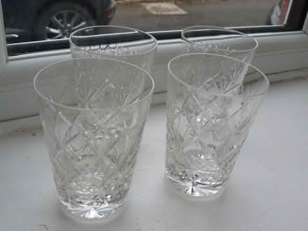 Photo of free 4 x cut glass small whisky/liqueur glasses (Kempsey WR5) #1