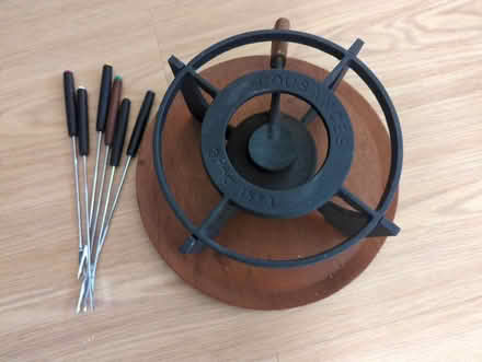 Photo of free Cast iron fondue base, wooden tray and fork (Pennington SO41) #1
