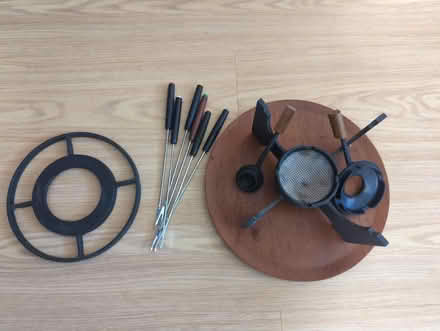 Photo of free Cast iron fondue base, wooden tray and fork (Pennington SO41) #2