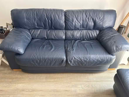 Photo of free 2 blue leather sofas &one footstall (Trowbridge BA14) #3