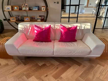 Photo of free white leather settee (Great Bardfield) #1