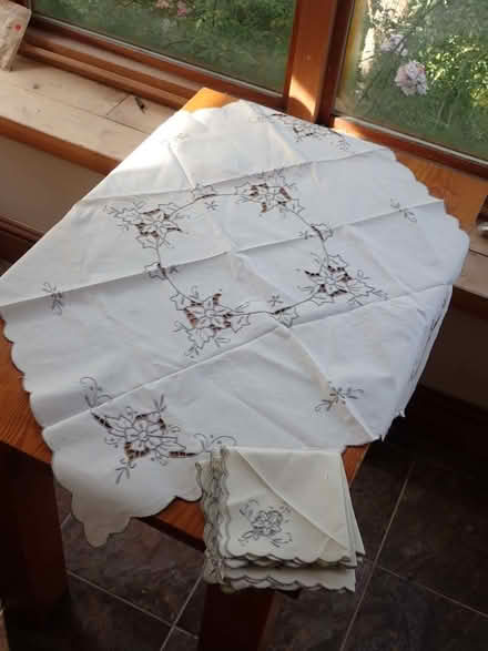 Photo of free Small square linen embroidered tablecloth #2, plus napkins (Fairfield LA1) #1