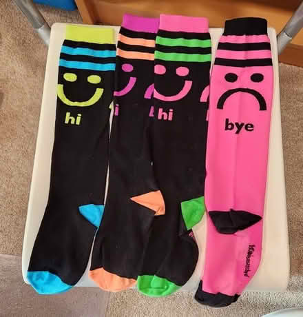 Photo of free 4 Neon Colored Knee Socks (2 Pair) that say "Hi" and "Bye" #1