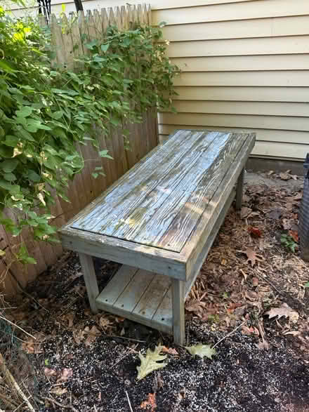 Photo of free Low wooden bench with shelf (Davis Square, Somerville) #1