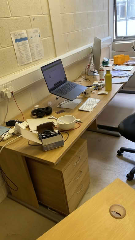 Photo of free 3 office desks, 1 round meeting desk, a filing cabinet .. (New England Quarter BN1) #1