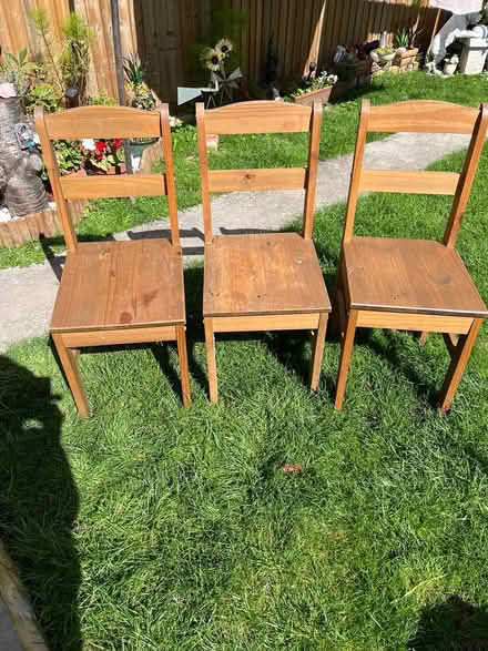 Photo of free 3 wooden chairs (Trowbridge UK BA 14ONR) #1