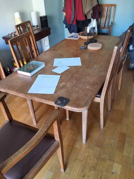 Photo of free Dining table, teak, 6-seater & chairs, oak, 2 with arms. (St Ann's Wells Gardens area BN3) #1