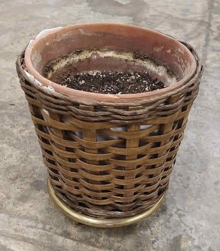 Photo of free Brass Plant Stand w/ pot in basket ((south) Central Park - Denver) #2