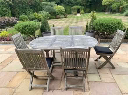 Photo of free teak garden table & 6 chairs with seat cushions (Moor Park HA6) #1
