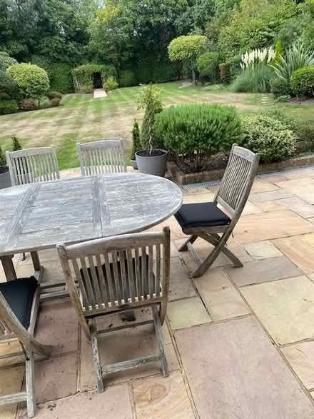 Photo of free teak garden table & 6 chairs with seat cushions (Moor Park HA6) #2