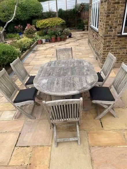 Photo of free teak garden table & 6 chairs with seat cushions (Moor Park HA6) #4