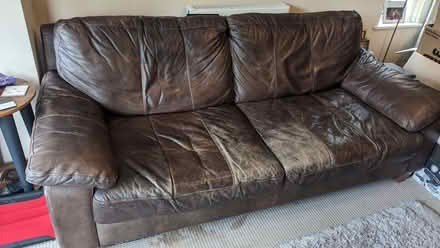 Photo of free CAN DELIVER: Brown faux leather sofa and armchair (Queen Edith's Ward CB1) #1