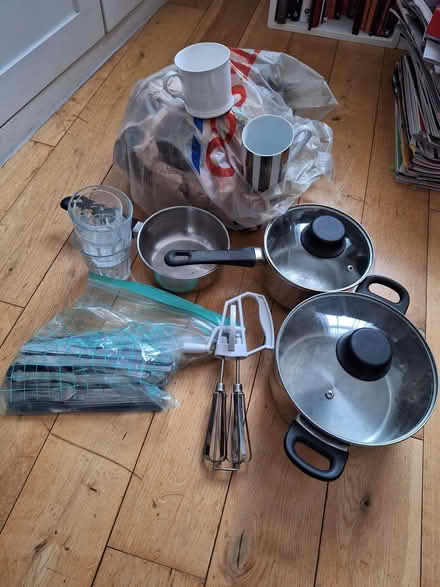 Photo of free Misc kitchen stuff (steel pans, mugs, cutlery) (Kennington SE11) #1