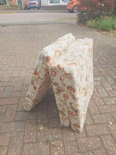 Photo of free 3 woven cotton covered sofa cushions approx 2 feet squared (Putnoe MK41) #1