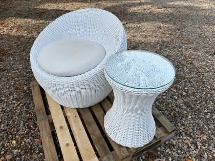 Photo of free White cane tub chair and side table (Oxen End CM7) #1