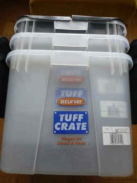 Photo of free 3 used plastic stackable storage boxes (Chiswell Green AL2) #1