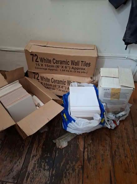 Photo of free 248 white 15cm x 15cm wall tiles (Fortis Green N10) #1