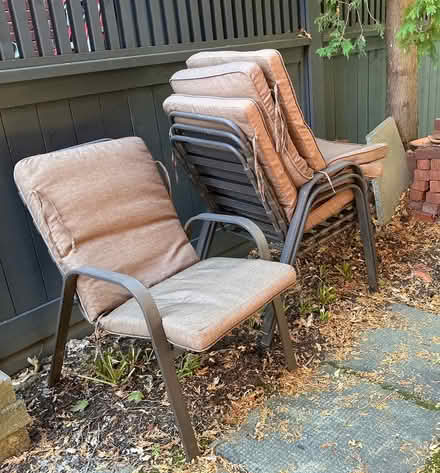 Photo of free Patio chairs with cushions (Bronson & Holmwood) #1