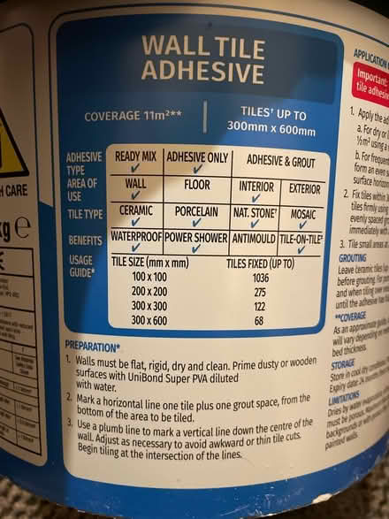 Photo of free Wall tile adhesive (Finsbury park) #2