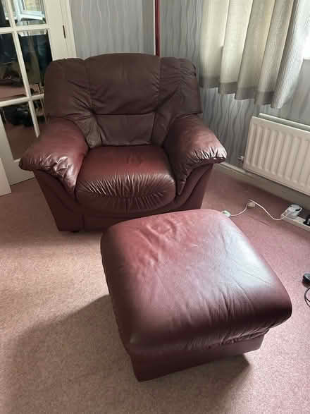 Photo of free Red wine/oxblood leather armchair and ottoman (Stretton WA4) #4