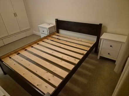 Photo of free King sized wooden bed frame and nightstands (Raynes Park SW20) #3