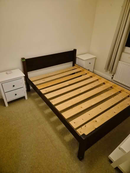 Photo of free King sized wooden bed frame and nightstands (Raynes Park SW20) #1