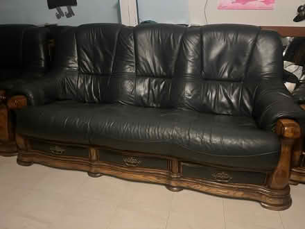 Photo of free Leather 3 piece sofa set with drawers and wood details (Stone Cross BN24) #2