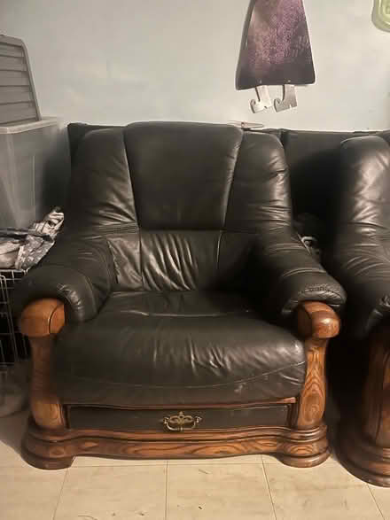 Photo of free Leather 3 piece sofa set with drawers and wood details (Stone Cross BN24) #3