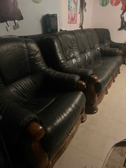Photo of free Leather 3 piece sofa set with drawers and wood details (Stone Cross BN24) #1