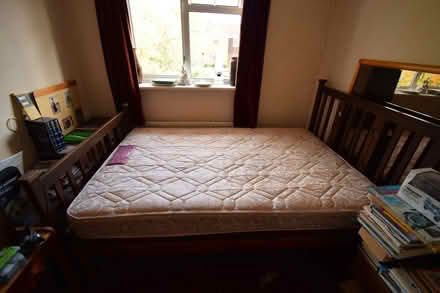 Photo of free Wooden bed frame, antique, double, with mattress (Frogmore GU17) #1