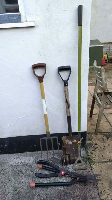 Photo of free Garden tools: Fork, Spade, Hoe, Hand fork, Hedge Shears x 2 (Westbury Fields BS10) #1