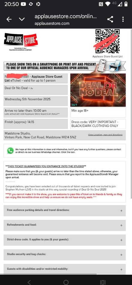 Photo of free Deal or no deal- one ticket wed (TN34 blacklands) #1