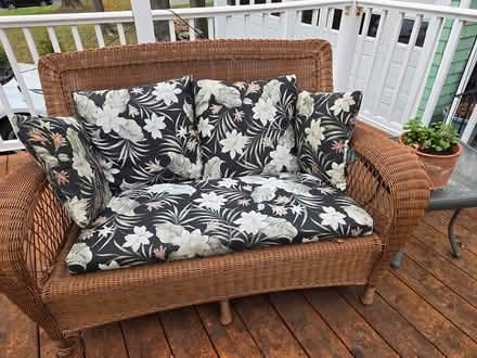Photo of free Wicker love seat with cushions (Hyde Park near Milton) #1